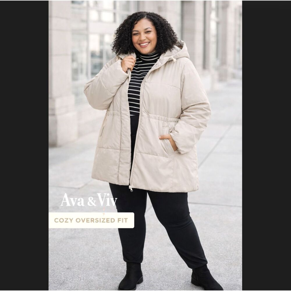 Ava & Viv Puffer Jacket 2X Taupe Hooded Full Zip Buttons Mid Length Winter Coat